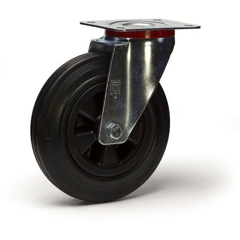 2Gt Roues Et Roulettes – Roulette pivotante 200 mm caoutchouc noir – Charge 205 Kg – Fixation à platine – Pour chariots porte-outils et bacs à ordures (1/2)