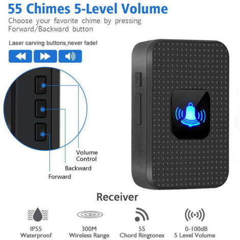 Sonnette sans fil extérieure étanche IP55 – Portée 300 m, 55 mélodies & 5 niveaux de volume, LED bleue, noir (1/3)