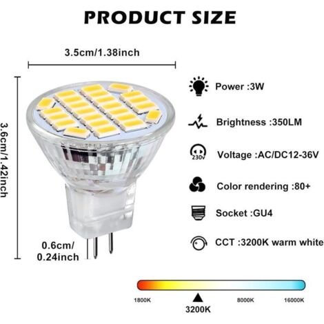 Ampoules LED MR11 GU4 3 W, blanc froid 6500 K, non dimmable, équivalent 25–35 W, 350 lm, 12 V AC/DC, angle 120°, lot de 6 (1/3)