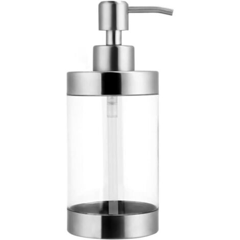 Distributeur de savon transparent en acier inoxydable 304 avec pompe intégrée – Argenté, design élégant et résistant (1/4)