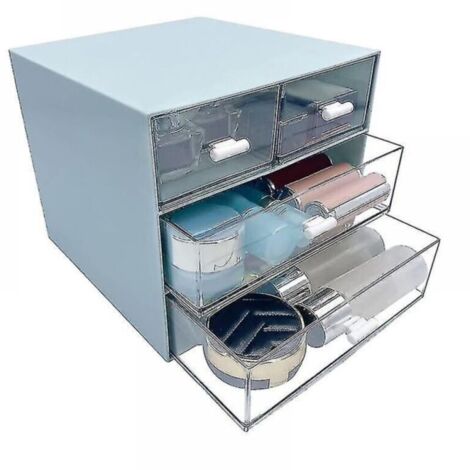 Organisateur de maquillage et de bureau avec 4 tiroirs, bleu – structure en plastique rigide, 28 x 18 x 15 cm, design moderne et fonctionnel (1/3)