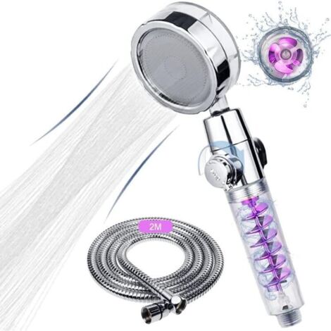 Pomme de douche haute pression avec tuyau 2 m, double turbo, interrupteur pause et rotation 360° – économie d’eau (1/4)