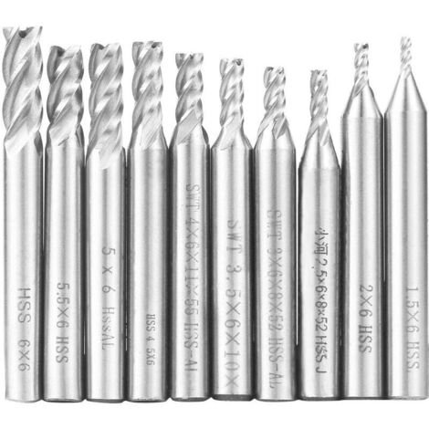 Fraises à bout droit HSS 4 tailles – Lot de 10 fraises de 1,5 à 6 mm pour usinage CNC, finition précise et coupe fluide