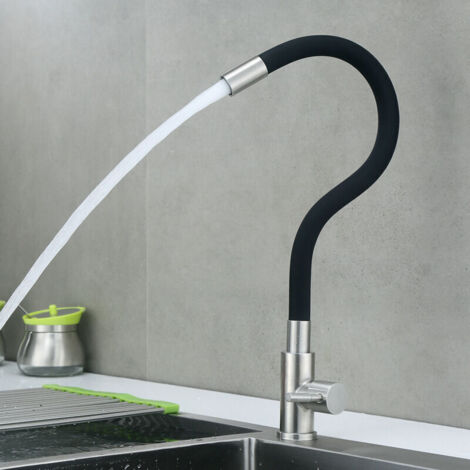 Robinet de cuisine monotrou flexible avec bec haut pivotant – Acier inoxydable brossé et noir mat, idéal pour évier moderne
