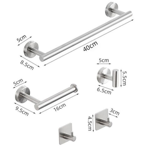 Lot de 5 porte-serviettes adhésif sans perçage en acier inoxydable pour salle de bain – anneau + crochet + porte-papier (1/3)