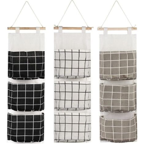 Sacs de Rangement Suspendus Lot de 3 en Lin Épais – 3 Compartiments, Imperméable, pour Porte ou Placard (Chambre, Salle de Bain) (1/4)