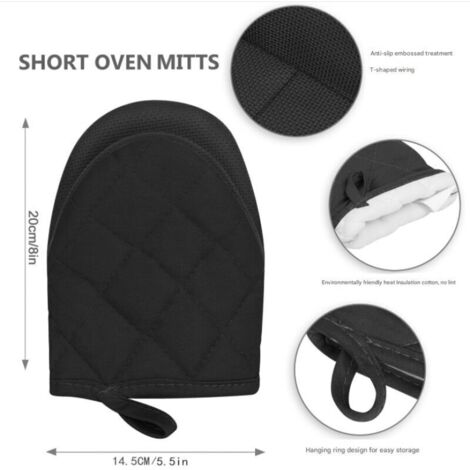 Gants de cuisine en silicone résistant à la chaleur (260 °C), courts, antidérapants, avec boucle de suspension – 1 paire, noir (1/3)