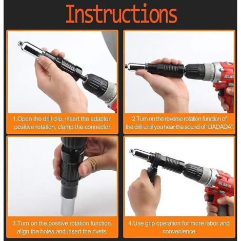 Kit de riveteuse à perceuse – Adaptateur universel avec poignée ergonomique pour rivets aveugles, 4 pièces (1/3)