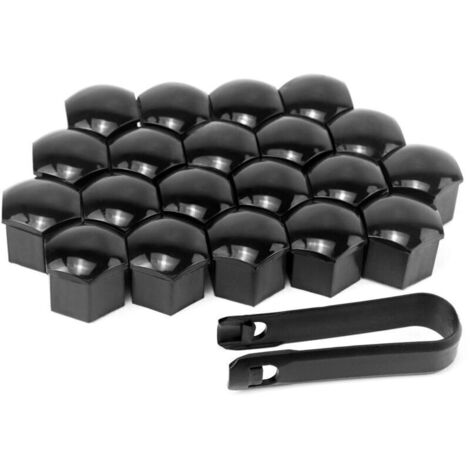 Cache-écrous de roue universels en plastique noir – Lot de 20, largeur hexagonale 21 mm, avec clip de démontage inclus