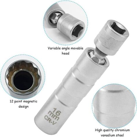 Clé à bougies magnétique lot de 2 (14 mm et 16 mm), flexible 3/8″, douille extracteur 12 points pour voitures (1/3)