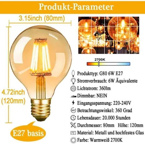 Ampoule LED vintage Edison E27 G80 6 W blanc chaud filament antique – Lot de 3 pour décoration rétro café, bar ou intérieur (1/3)