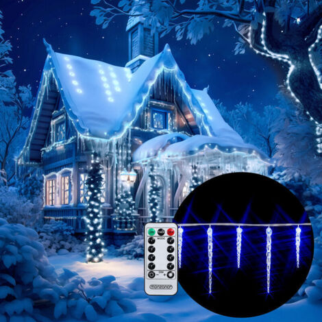 Guirlande lumineuse LED stalactite 40/80 lumières, 10,4/13 m, blanc/bleu, télécommande + minuterie, IP44, 8 modes, intérieur/extérieur (1/4)