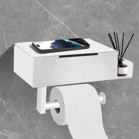 Porte-rouleau de papier toilette sans perçage avec étagère intégrée – Blanc, fixation murale invisible, design moderne et fonctionnel (1/4)
