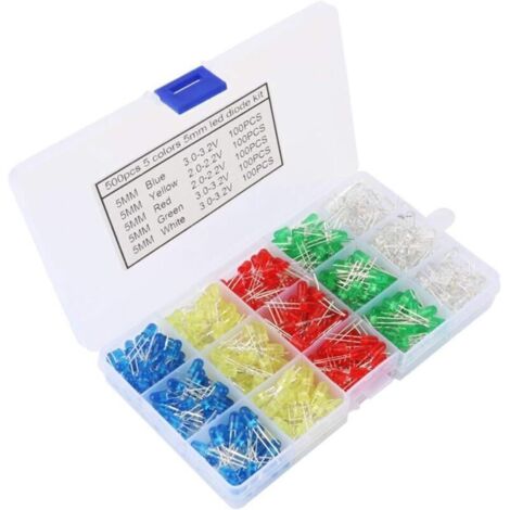 LED 5 mm – Lot de 500 diodes électroluminescentes rondes multicolores (blanc, rouge, jaune, vert, bleu) pour électronique et bricolage (1/4)