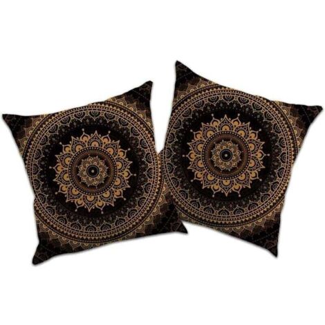 2 taies d'oreiller en lin bio imprimé mandala – 45x45 cm, lot de 2 housses déco pour coussins de canapé ou déco intérieure (1/4)