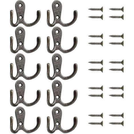 Crochets doubles vintage en métal – Lot de 10 pièces pour porte, mur, chambre ou salle de bain – Design rétro et robuste (1/4)