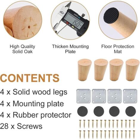 Pieds de meuble en bois massif – Lot de 4 pieds inclinés de 8 cm pour canapé ou fauteuil, avec vis et caches inclus (1/3)