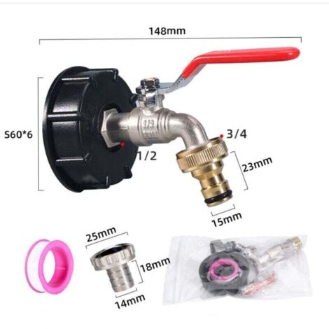 Robinet universel pour réservoir 1000 L – raccord fileté 1/2″, sortie vanne IBC à boisseau sphérique + adaptateur arrosage (1/4)