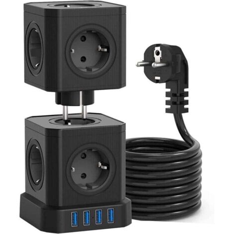 Multiprise cubique 12 prises + 4 USB avec protection surtension, câble 2 m – Modèle détachable et interrupteur intégré (1/4)