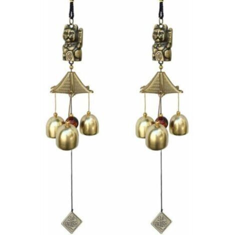 Lot de 2 carillons éoliens porte-bonheur vintage en métal brun – 9 x 6 x 6 cm – avec motif chat décoratif pour jardin, salle à manger ou réception (1/4)