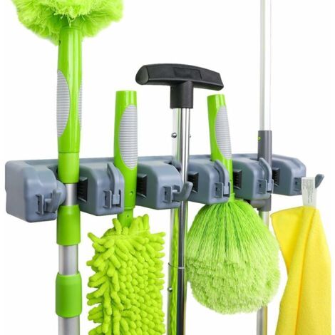 Porte-outils mural 6 crochets en acier gris – 40,5 x 6,2 x 8,5 cm pour balais et outils de jardin (1/4)