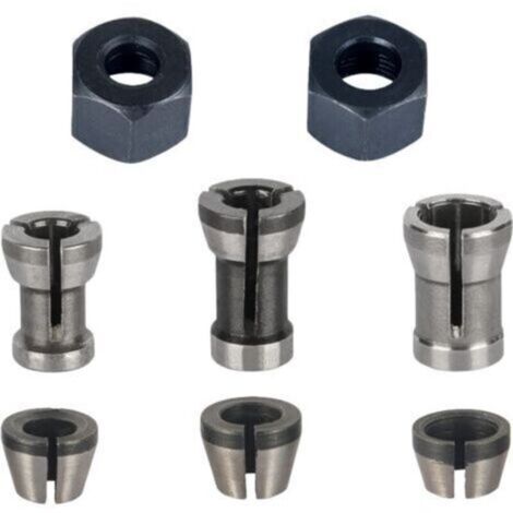 Mandrin pour fraiseuse – Lot de 8 collets (6 mm, 6,35 mm, 8 mm) + pinces de serrage et adaptateurs pour défonceuse (1/4)