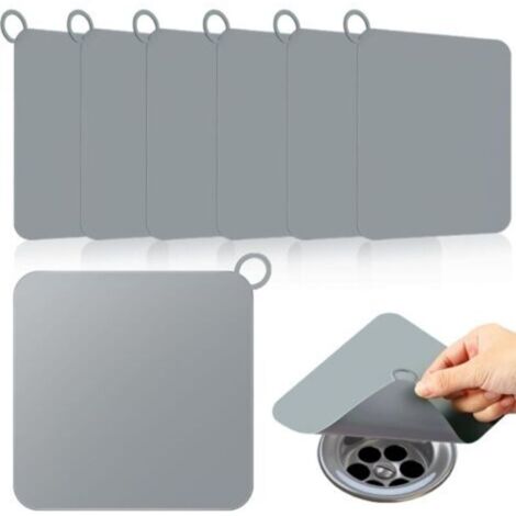 Cache-siphons en silicone anti-odeurs – Lot de 6 tapis pour douche, baignoire, cuisine et évier – Gris, 12 x 12 cm (1/4)