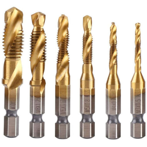 Jeu de 6 tarauds combinés à perçage intégré en acier rapide HSS, taille M3 à M10, tige hexagonale, pour filetage précis sur métaux (1/4)