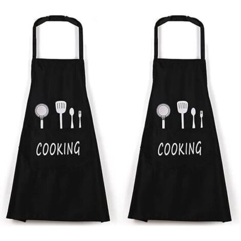 Tablier de cuisine professionnel noir imperméable – Lot de 2 avec poches, coton-polyester résistant, taille unique (1/4)