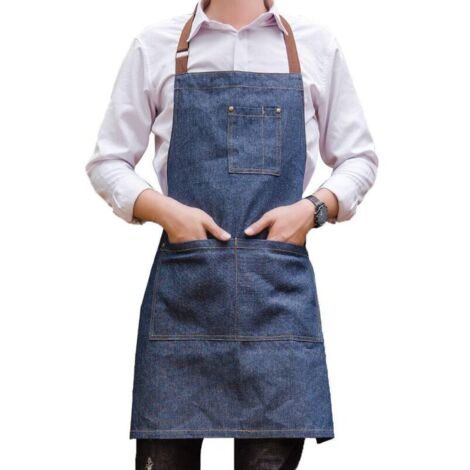 Tablier en denim unisexe réglable avec multiples poches – idéal cuisine, barbecue et atelier de chef (1/4)