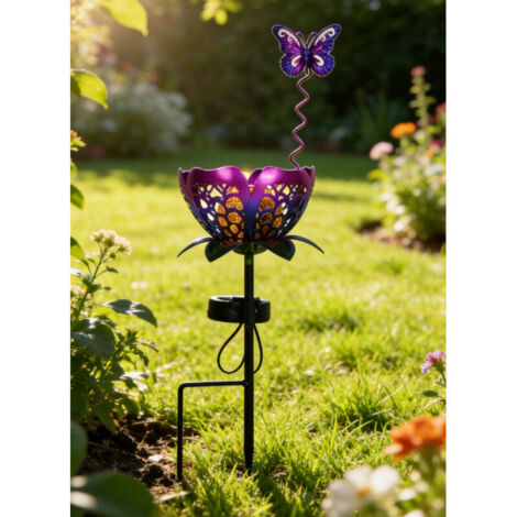 Lampe solaire décorative en fer ajouré avec motif papillon et fleur de soleil – lumière chaude, étanche, pour jardin extérieur (1 pièce) (1/4)