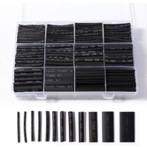 Gaines thermorétractables noires pour isolation électrique – lot de 900 pièces, 12 tailles, rapport 2:1, haute résistance (1/4)