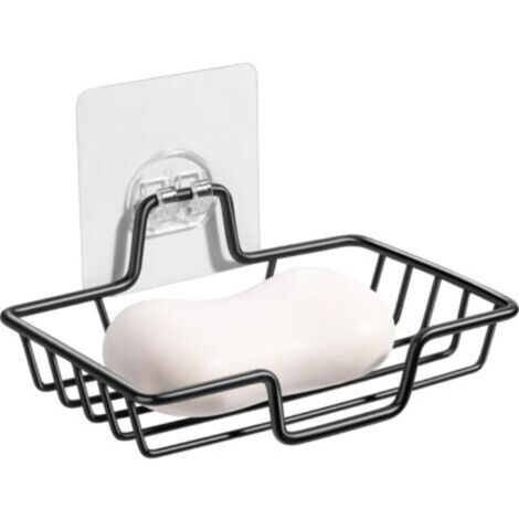 Porte-savon mural adhésif en acier inoxydable 304, carré noir, sans perçage – idéal salle de bain & cuisine pour savon + éponge (1/4)