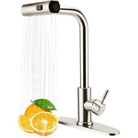 Robinet de cuisine en acier inoxydable avec bec pivotant 360°, pulvérisateur escamotable 3 modes et arc élevé – Mitigeur d’évier moderne (1/4)