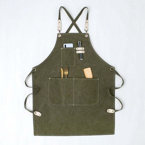 Tablier de travail en toile résistante avec poche outils – Modèle croisé dos ajustable, vert, 80 cm, unisexe (1/4)