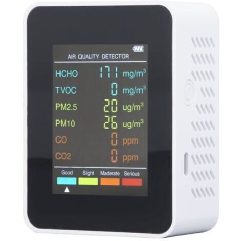 Détecteur portable de qualité de l'air avec écran LCD rétroéclairé – CO₂, TVOC, HCHO, PM2.5/PM10, alarme intégrée, couleur blanc (1/4)