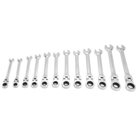 Jeu de 12 clés à cliquet combinées en acier chrome-vanadium, tête mobile, tailles métriques 8–19 mm, avec sac de rangement (1/4)