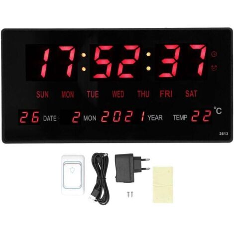 Horloge murale numérique LED grand écran 32 cm, calendrier et thermomètre intégrés, alimentation 100–240 V UE (1/4)