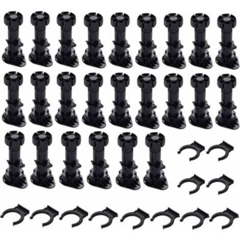 Pieds de meuble réglables en plastique noir – Lot de 24 pièces (60 mm, fixation clip) pour armoires, cuisines et canapés (1/4)