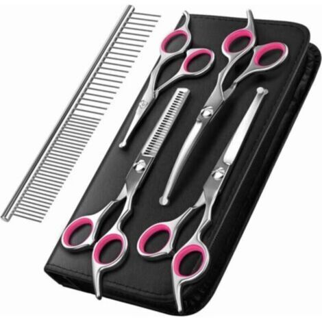 Ciseaux de toilettage chien – Lot de 5 en acier inoxydable revêtu titane, lame effileuse/droite/incurvée + peigne, couleur rose (1/4)