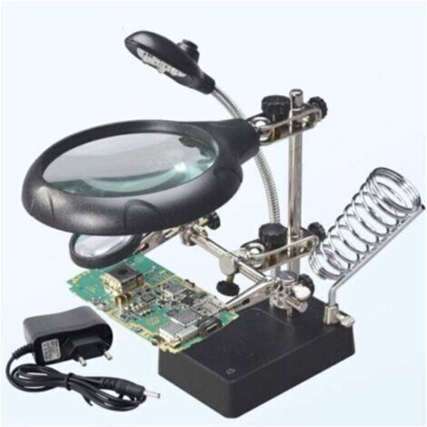 Station troisième main pour soudage avec loupe 5 LED, grossissement 2,5X/7,5X/10X, support articulé et pince ajustable (1/4)