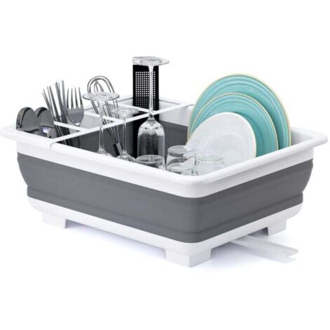 Égouttoir à vaisselle pliable avec porte-ustensiles – Gris, 36,5 × 31 × 12 cm, résistant et antidérapant, idéal cuisine ou camping (1/4)