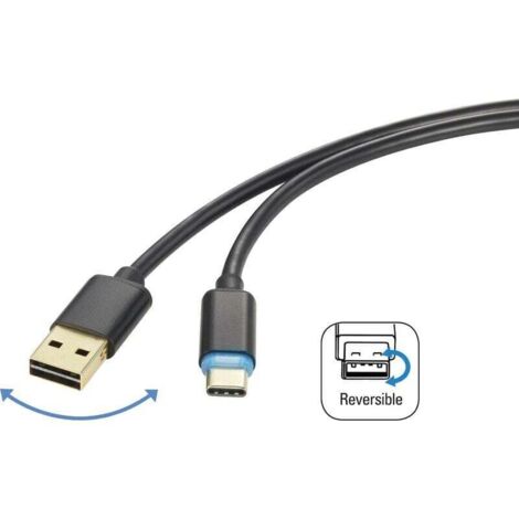 Câble USB 2.0 réversible noir 1,5 m – Connecteur USB-A mâle vers USB-C mâle – Modèle RF-4758090 S687271 (1/3)