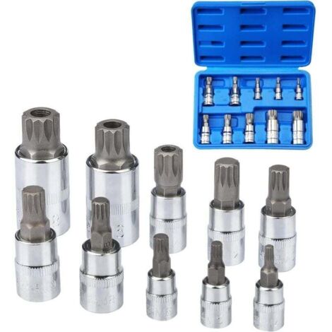 Lot de 10 douilles Torx cannelées (M4 à M18) – Embout carré triple avec boîtier de rangement inclus (1/4)