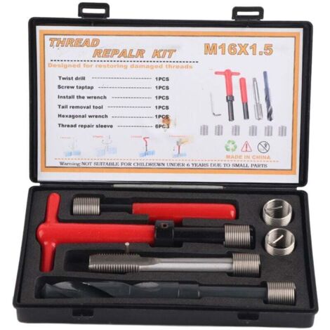 Kit de réparation filetage métrique M16×1,5 en acier inoxydable – 11 pièces avec clé torsadée et outil d’insertion (1/4)