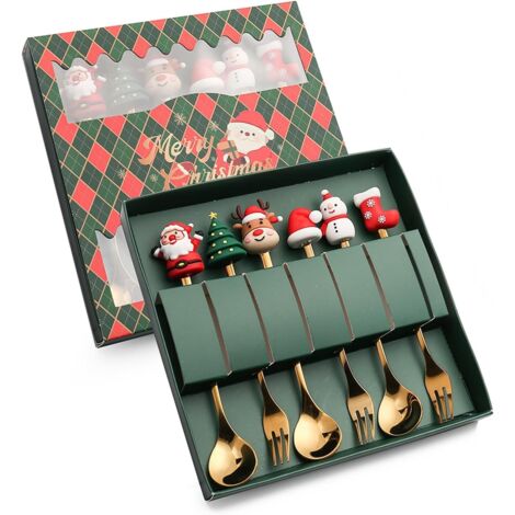Lot de 6 cuillères à café de Noël en acier inoxydable Cuillères à dessert de Noël Cuillères à café Cuillères à mélanger Couverts de Noël avec coffret cadeau 3 cuillères et fourchette (1/4)