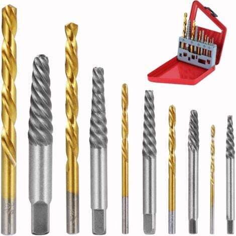 AIPER Lot de 10 extracteurs de vis, forets hélicoïdaux, mèches impériales, en acier au carbone, perceuse à vis et extracteur, outils de retrait de porte-boulons dans un boîtier en fer suspendu. (1/4)
