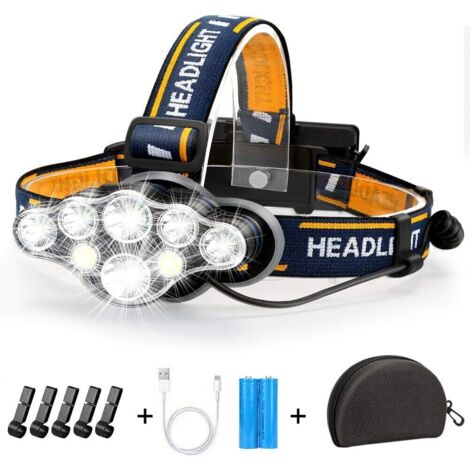 Jusch – Lampe frontale LED rechargeable 18000 lumens – Étanche IPX4 – 8 modes d'éclairage – Portée jusqu'à 800 mètres – Avec 2 batteries rechargeables
