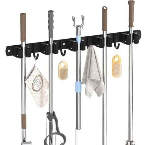 Aiperq Accroche Balai Mural, Porte Balai Mural avec 5 Support et 4 Crochets, Range Balai Mural en Acier Inoxydable pour la Cuisine, Le Garage, Le Jardin, Noir (1/4)