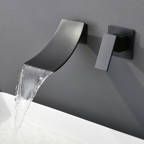 Robinet de salle de bain cascade , robinet de lavabo encastré pour montage mural - Robinet mural 2 trous avec poignée simple et grand bec mitigeur pour salle de bain - Noir (1/5)
